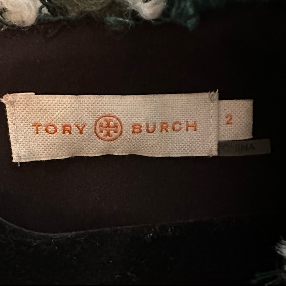 Tory Burch Norfolk Striped Tweed Dress 2 Cap Sleeve Fit & Flare Green Blk Wht - Picture 12 of 12